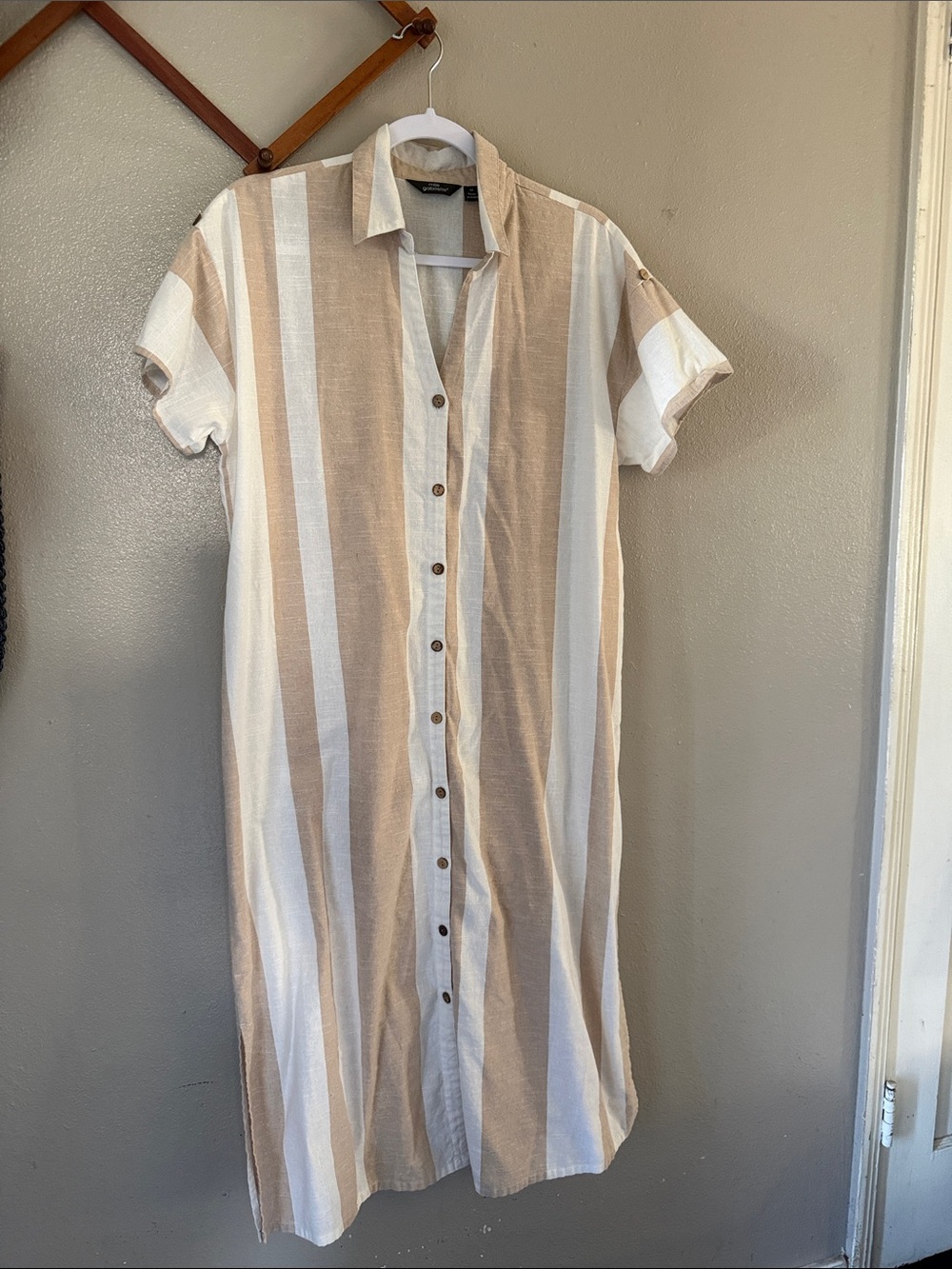 Striped Button-Front Shirt Dress in Beige and White